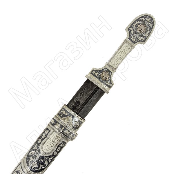 Кубачинский серебряный кинжал в футляре (слоновая кость, дамасская сталь, родовое клеймо)