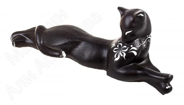 Сувенирная кошка "Багира" лежачая с росписью черная/серебро