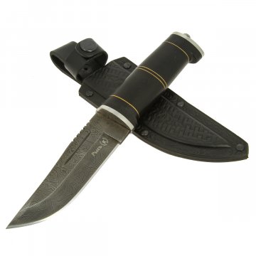 Нож Рысь (дамасская сталь, рукоять черный граб, наборная кожа)