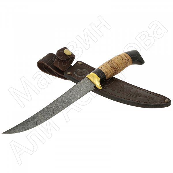 Нож Филейный средний (дамасская сталь, рукоять береста, черный граб)
