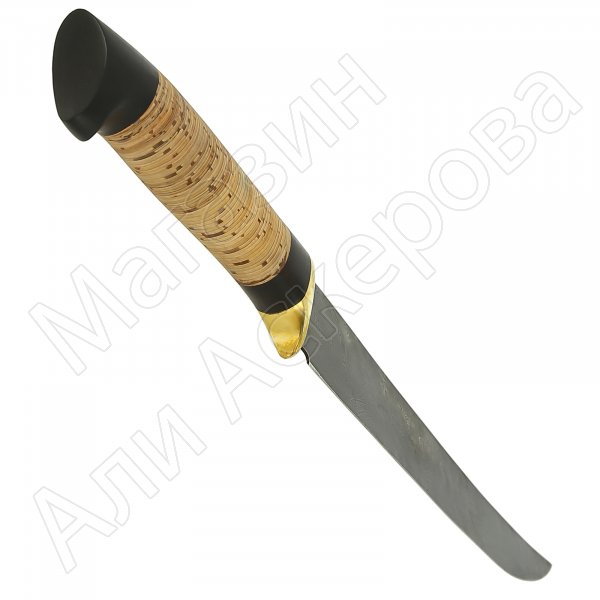 Нож Филейный большой (дамасская сталь, рукоять береста, черный граб)