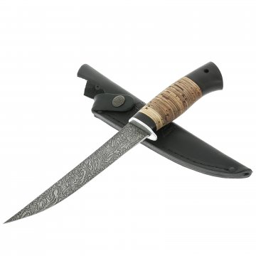Нож Филейный-2 (дамасская сталь, рукоять береста, черный граб)