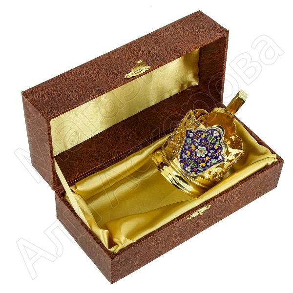 Серебряный подстаканник Кубачи с эмалью (стакан и коробка - в подарок)