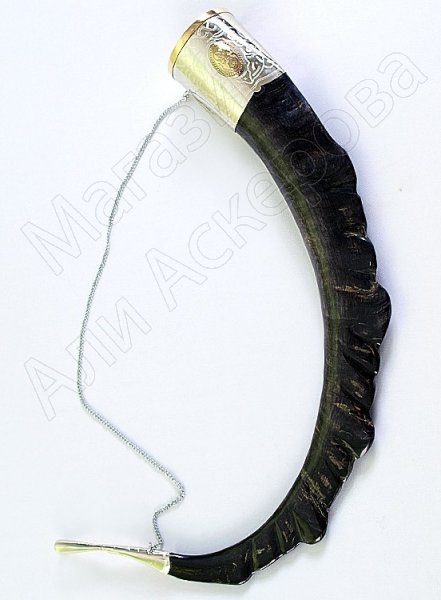 Элитный подарочный рог кавказского тура мельхиоровый с медальонами большой (плоский)