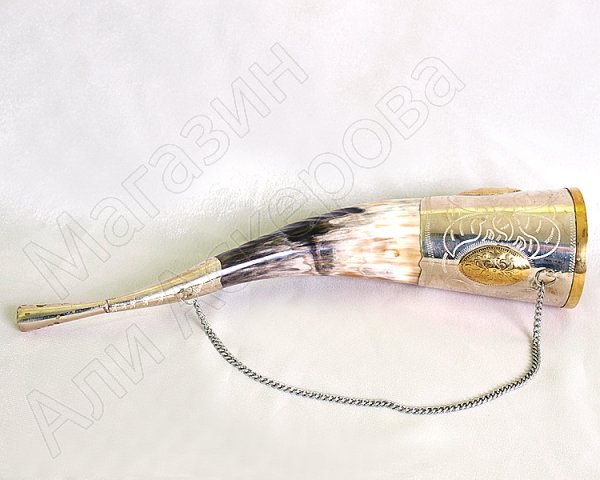 Подарочный рог бычий мельхиоровый рифленый с росписью и медальонами