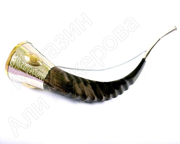 Элитный подарочный рог кавказского тура мельхиоровый с медальонами (38-40 см)