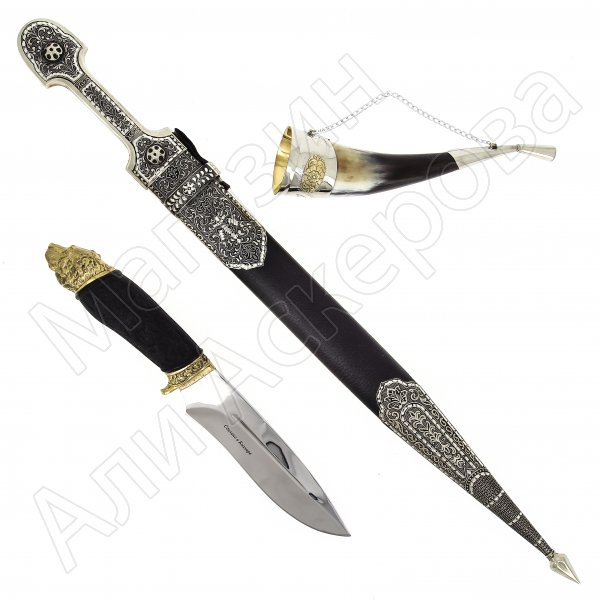 Кизлярский подарочный набор №23 : кинжал с алмазной огранкой, нож разделочный и бычий рог