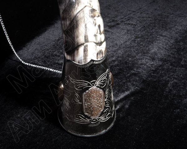 Элитный рог кавказского тура мельхиоровый с медальонами и орнаментом №3 (70-75 см)