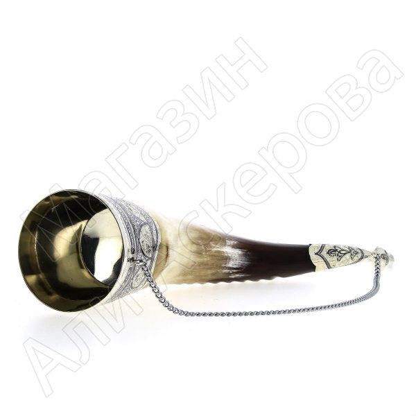 Элитный серебряный рог Кубачи с пиалой №2 (подарочный, питьевой)
