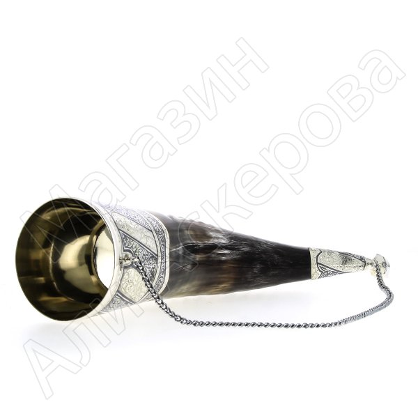 Элитный серебряный рог Кубачи с пиалой №5 (подарочный, питьевой)